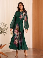 Love & Roses Green Petite Printed Belted Pleated Long Sleeve Midi Dress - Image 1 of 4