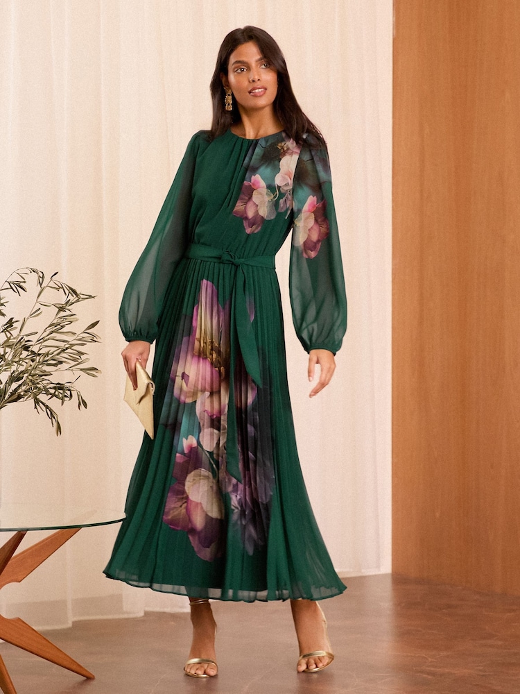 Love & Roses Green Petite Printed Belted Pleated Long Sleeve Midi Dress - Image 1 of 4