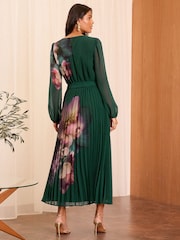 Love & Roses Green Petite Printed Belted Pleated Long Sleeve Midi Dress - Image 2 of 4