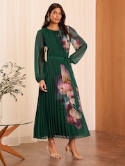 Love & Roses Green Petite Printed Belted Pleated Long Sleeve Midi Dress - Image 3 of 4