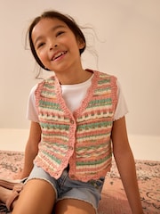 Peach/Blue Knitted 100% Cotton Waistcoat (3-16yrs) - Image 1 of 8