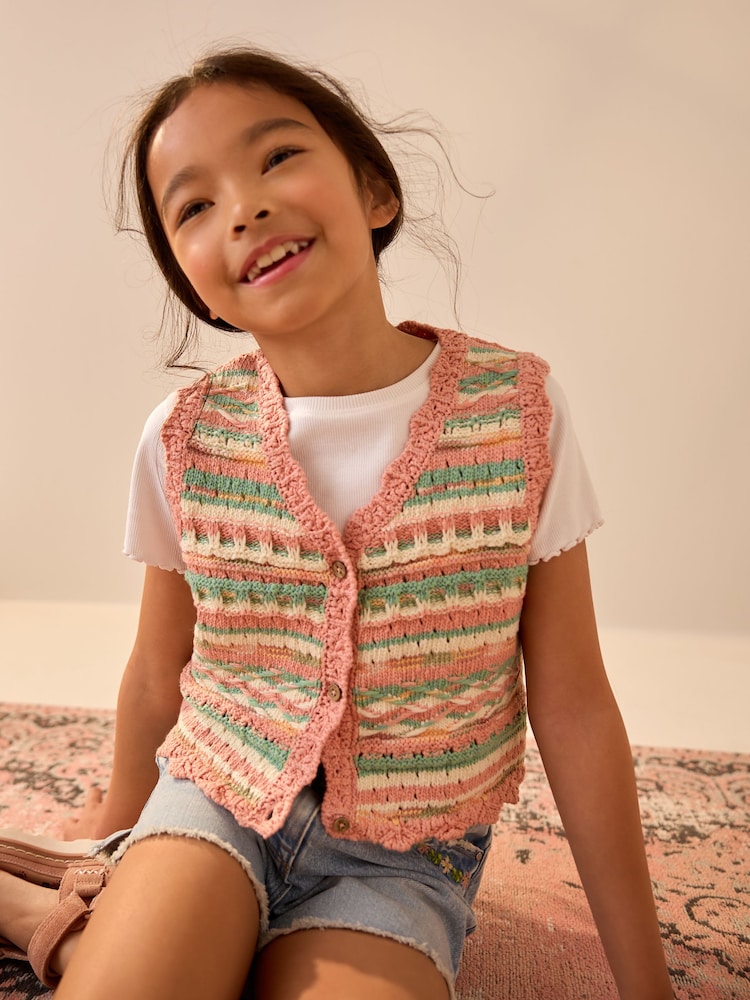Peach/Blue Knitted 100% Cotton Waistcoat (3-16yrs) - Image 1 of 8