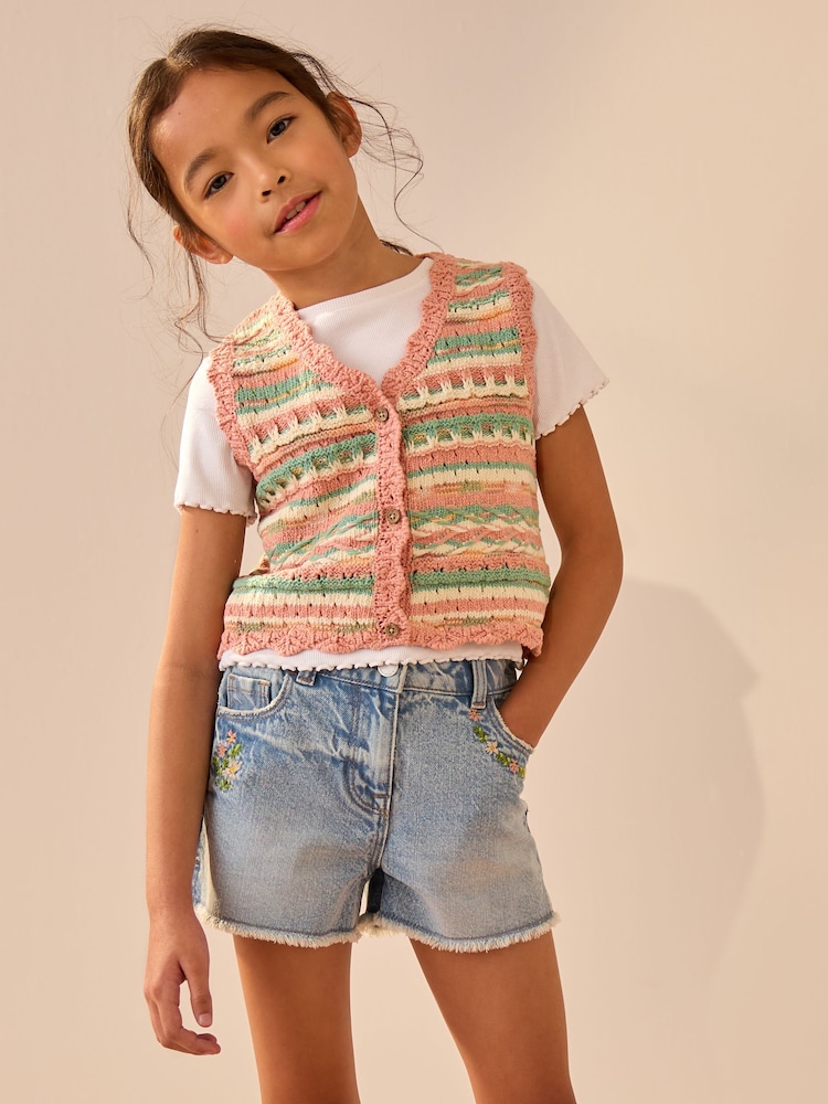 Peach/Blue Knitted 100% Cotton Waistcoat (3-16yrs) - Image 2 of 8