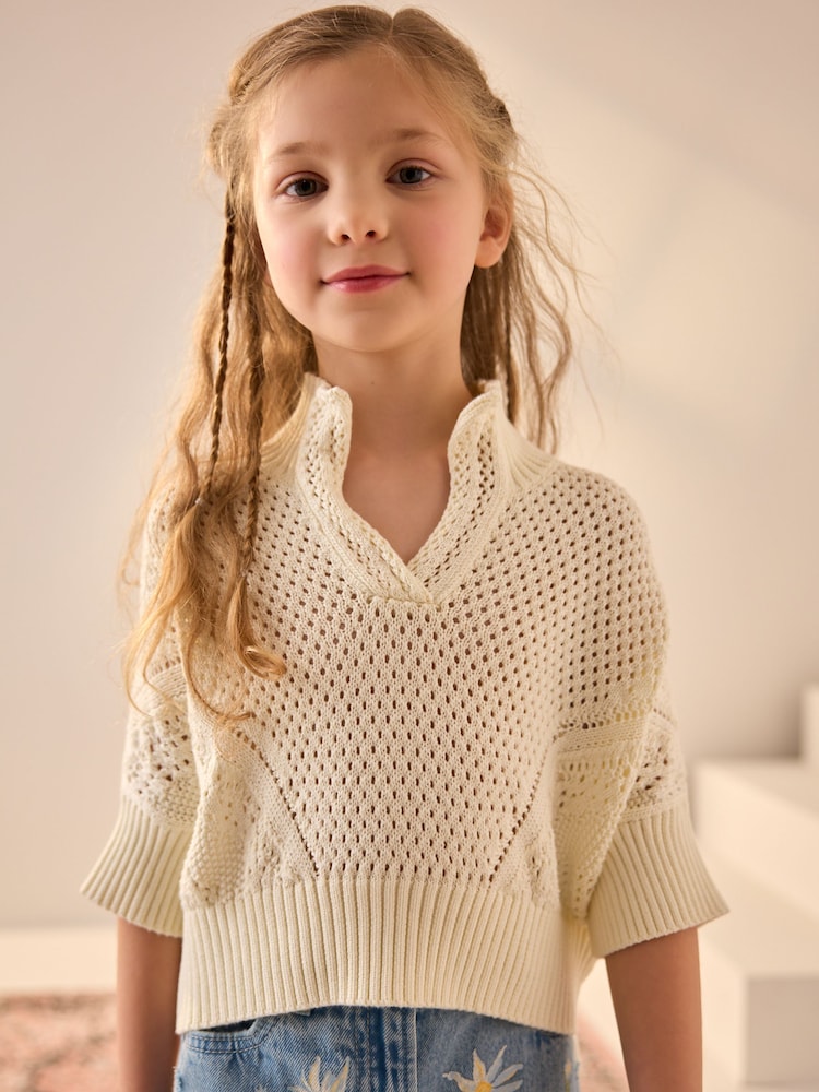 Ecru Short Sleeved Knitted Collar 100% Cotton Jumper (3-16yrs) - Image 1 of 8