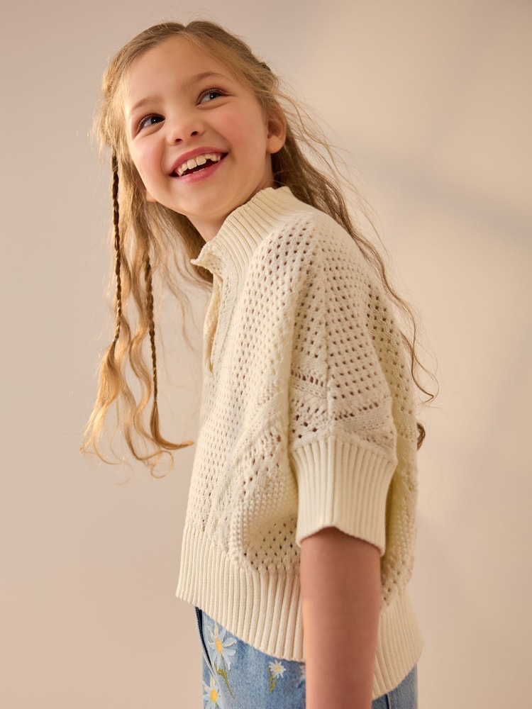Ecru Short Sleeved Knitted Collar 100% Cotton Jumper (3-16yrs) - Image 2 of 8