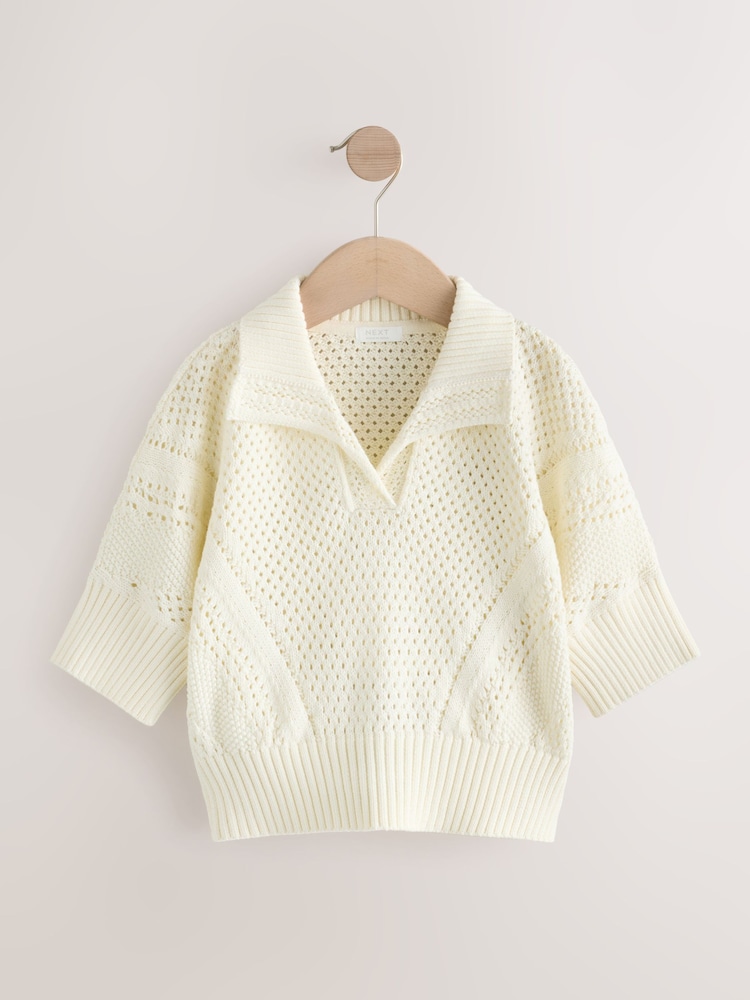 Ecru Short Sleeved Knitted Collar 100% Cotton Jumper (3-16yrs) - Image 5 of 8