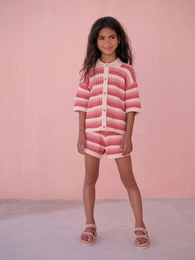 Red/Pink 100% Cotton Shirt and Short Knitted Set (3-16yrs) - Image 1 of 9