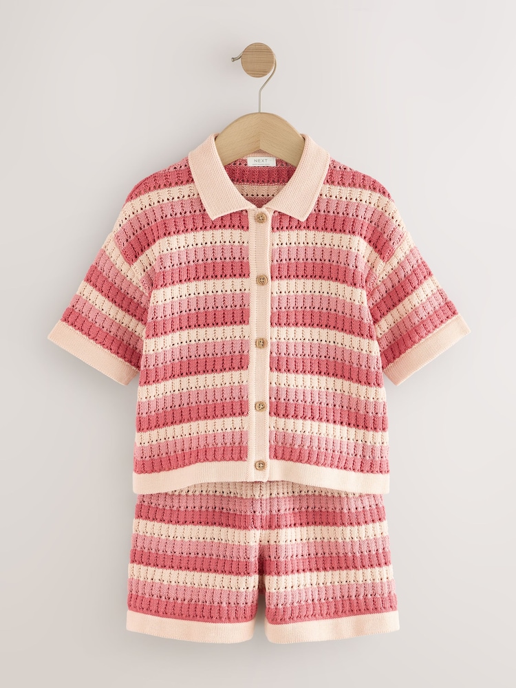 Red/Pink 100% Cotton Shirt and Short Knitted Set (3-16yrs) - Image 5 of 9