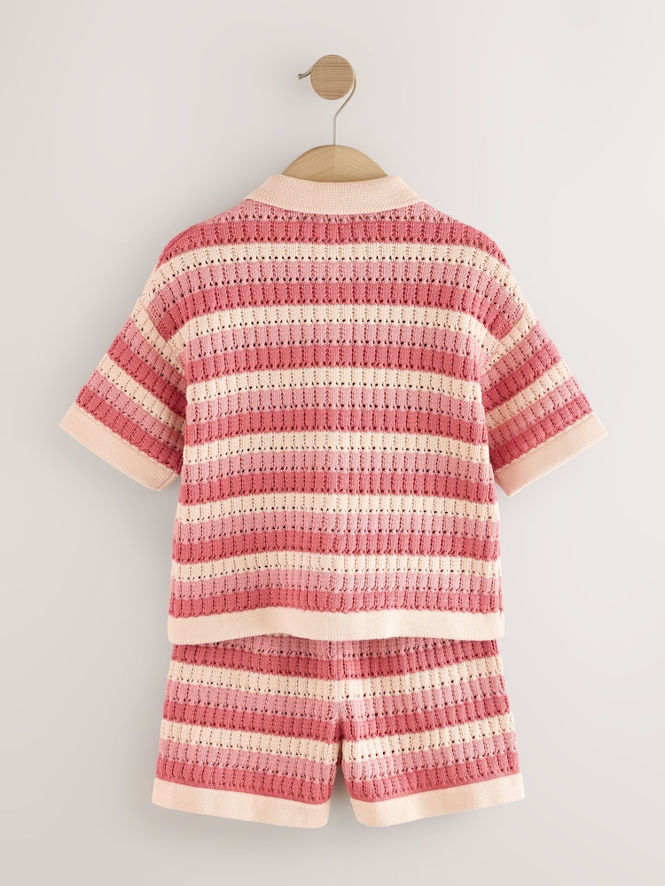 Red/Pink 100% Cotton Shirt and Short Knitted Set (3-16yrs) - Image 7 of 9