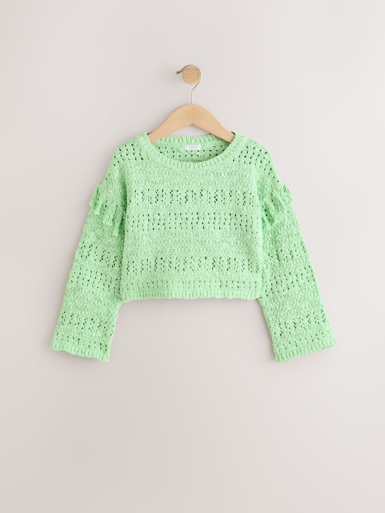 Lime Green Tassle Knitted 100% Cotton Jumper (3-16yrs) - Image 2 of 5