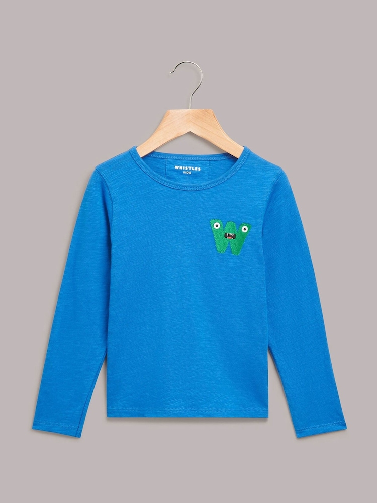 Whistles Blue Kids Monster Long Sleeve 100% Cotton T-Shirt - Image 1 of 3
