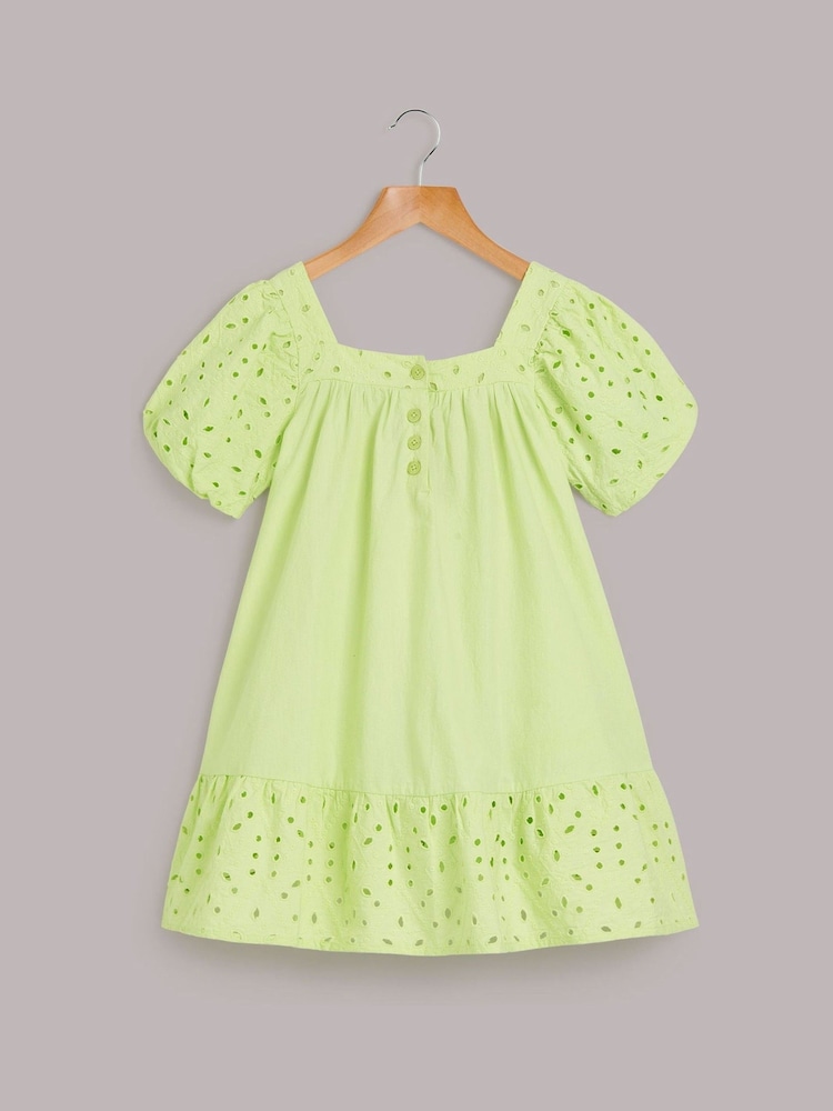 Whistles Green Kids Lime Broderie Trapeze 100% Cotton Dress - Image 1 of 3