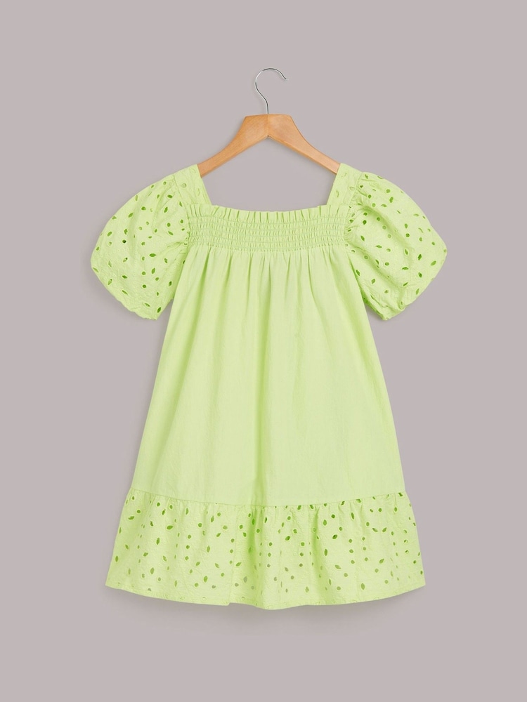 Whistles Green Kids Lime Broderie Trapeze 100% Cotton Dress - Image 2 of 3