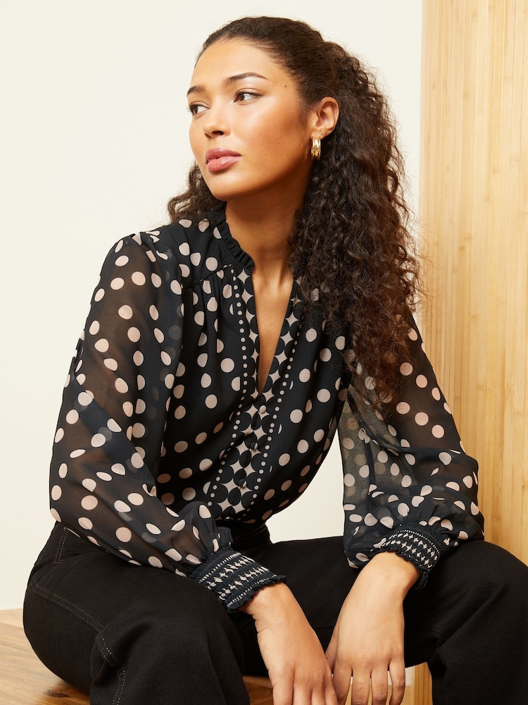 Love & Roses Black Polka Dot V Neck Printed Blouse - Image 2 of 4