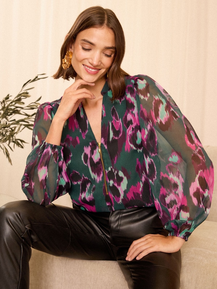 Animalprint, Grün - Love & Roses Transparente Bluse mit Reissverschluss und langen Ärmeln - Bild 1 von 4 Animalprint, Grün - Love & Roses Transparente Bluse mit Reissverschluss und langen Ärmeln - Bild 1 von 4