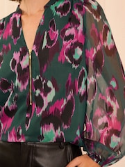 Love & Roses Green Animal Zip Front Mix Sheer Long Sleeve Blouse - Image 2 of 4