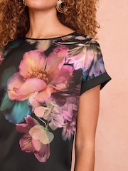 Love & Roses Black and Pink Floral Satin Front Jersey Back T-Shirt - Image 2 of 4