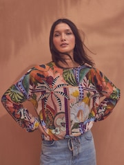 Multi Fruit Print Long Sleeve Drawstring Hem Blouse - Image 1 of 7