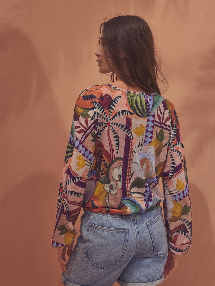 Multi Fruit Print Long Sleeve Drawstring Hem Blouse - Image 3 of 7