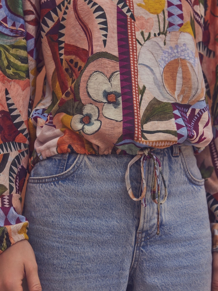Multi Fruit Print Long Sleeve Drawstring Hem Blouse - Image 4 of 7
