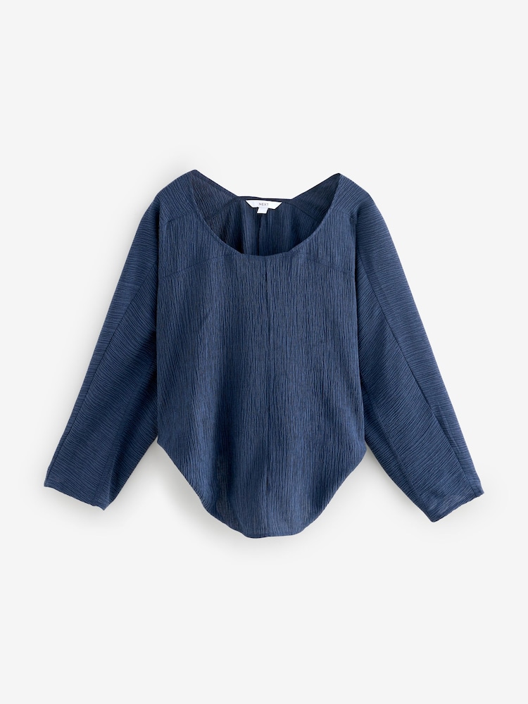 Navy Long Sleeve Batwing Textured Blouse - Image 4 of 6