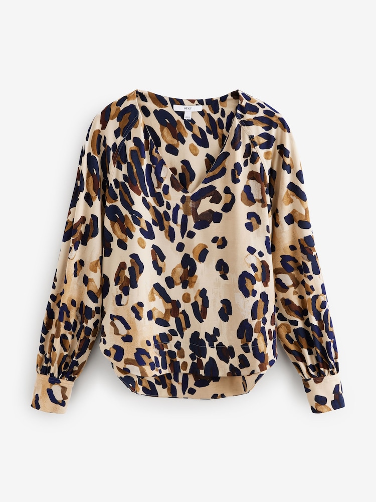 Animal Print Long Sleeve V-Neck Jersey Blouse - Image 6 of 8