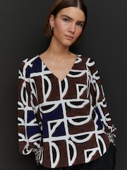 Brown/Navy Print Long Sleeve V-Neck Jersey Blouse - Image 1 of 8