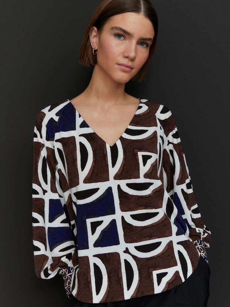 Brown/Navy Print Long Sleeve V-Neck Jersey Blouse - Image 1 of 8