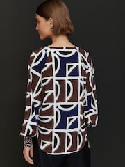 Brown/Navy Print Long Sleeve V-Neck Jersey Blouse - Image 2 of 8