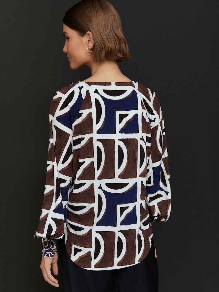 Brown/Navy Print Long Sleeve V-Neck Jersey Blouse - Image 2 of 8