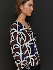 Brown/Navy Print Long Sleeve V-Neck Jersey Blouse - Image 3 of 8