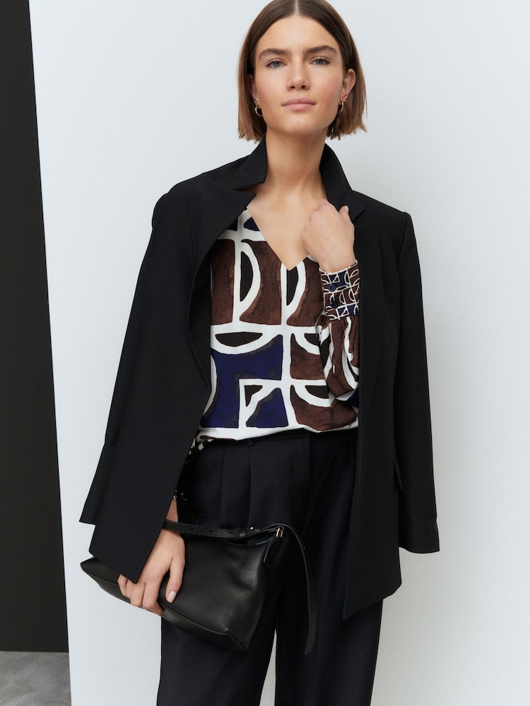 Brown/Navy Print Long Sleeve V-Neck Jersey Blouse - Image 4 of 8