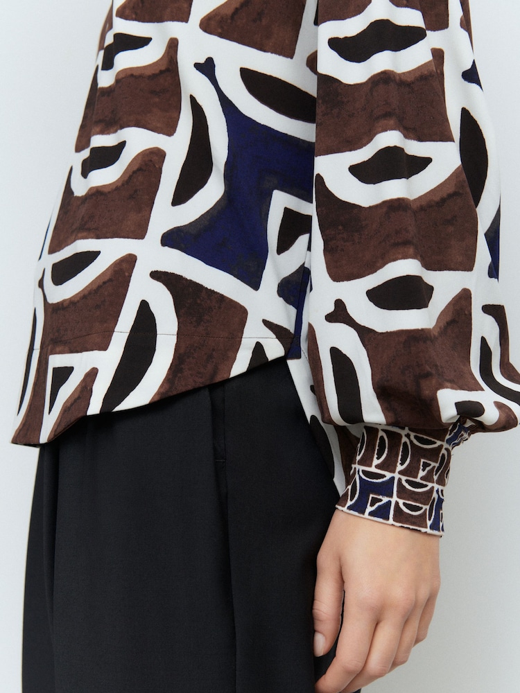 Brown/Navy Print Long Sleeve V-Neck Jersey Blouse - Image 5 of 8