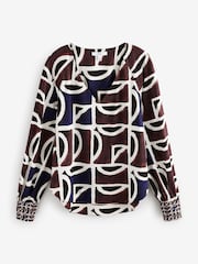 Brown/Navy Print Long Sleeve V-Neck Jersey Blouse - Image 6 of 8