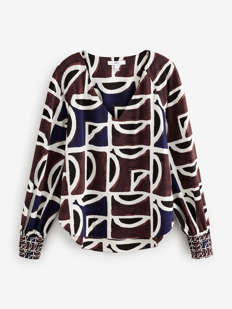 Brown/Navy Print Long Sleeve V-Neck Jersey Blouse - Image 6 of 8