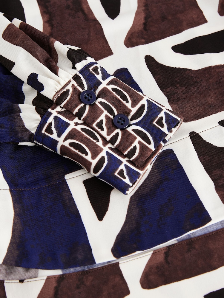 Brown/Navy Print Long Sleeve V-Neck Jersey Blouse - Image 8 of 8