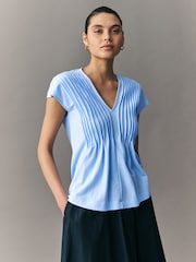 Pale Blue Pintuck V-Neck Top - Image 1 of 7