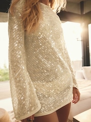 Gold Long Sleeve Sequin Sheer LonglineTop - Image 3 of 9