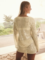 Gold Long Sleeve Sequin Sheer LonglineTop - Image 4 of 9