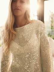 Gold Long Sleeve Sequin Sheer LonglineTop - Image 5 of 9