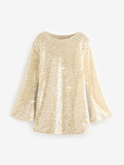 Gold Long Sleeve Sequin Sheer LonglineTop - Image 6 of 9