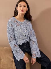 Blue Marl Long Sleeve Boho Crochet Cropped Top - Image 1 of 7