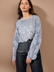 Blue Marl Long Sleeve Boho Crochet Cropped Top - Image 2 of 7