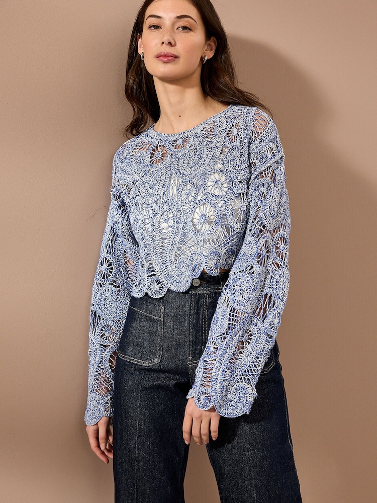 Blue Marl Long Sleeve Boho Crochet Cropped Top - Image 2 of 7
