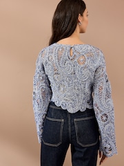 Blue Marl Long Sleeve Boho Crochet Cropped Top - Image 3 of 7