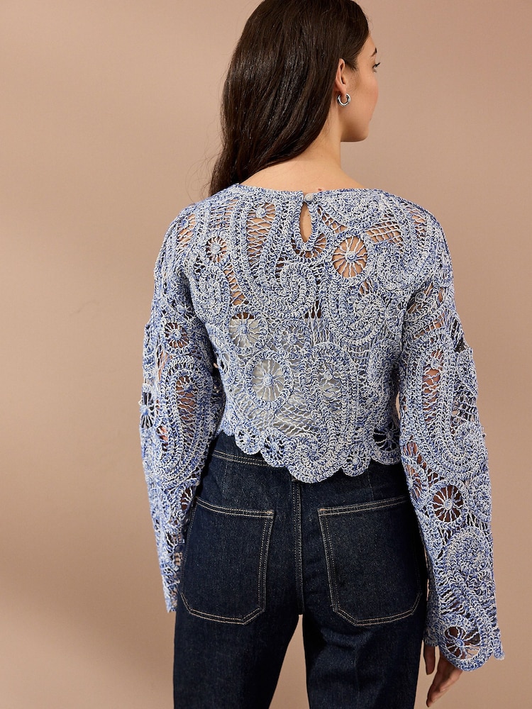 Blue Marl Long Sleeve Boho Crochet Cropped Top - Image 3 of 7