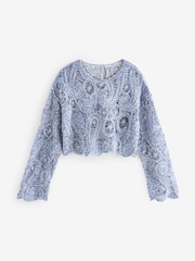 Blue Marl Long Sleeve Boho Crochet Cropped Top - Image 5 of 7