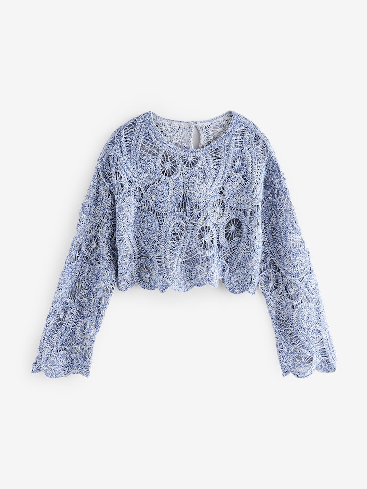 Blue Marl Long Sleeve Boho Crochet Cropped Top - Image 5 of 7