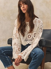 Ecru Cream Long Sleeve Boho Crochet Cropped Top - Image 1 of 8
