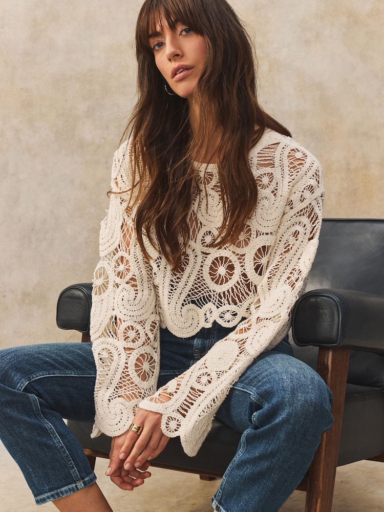 Ecru Cream Long Sleeve Boho Crochet Cropped Top - Image 1 of 8